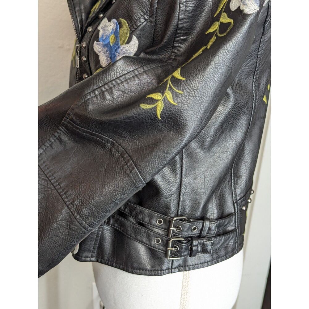 Faux Leather Biker Black Moto Jacket Floral Embroidery FLAWS Unique Approx Sz S - Picture 11 of 16